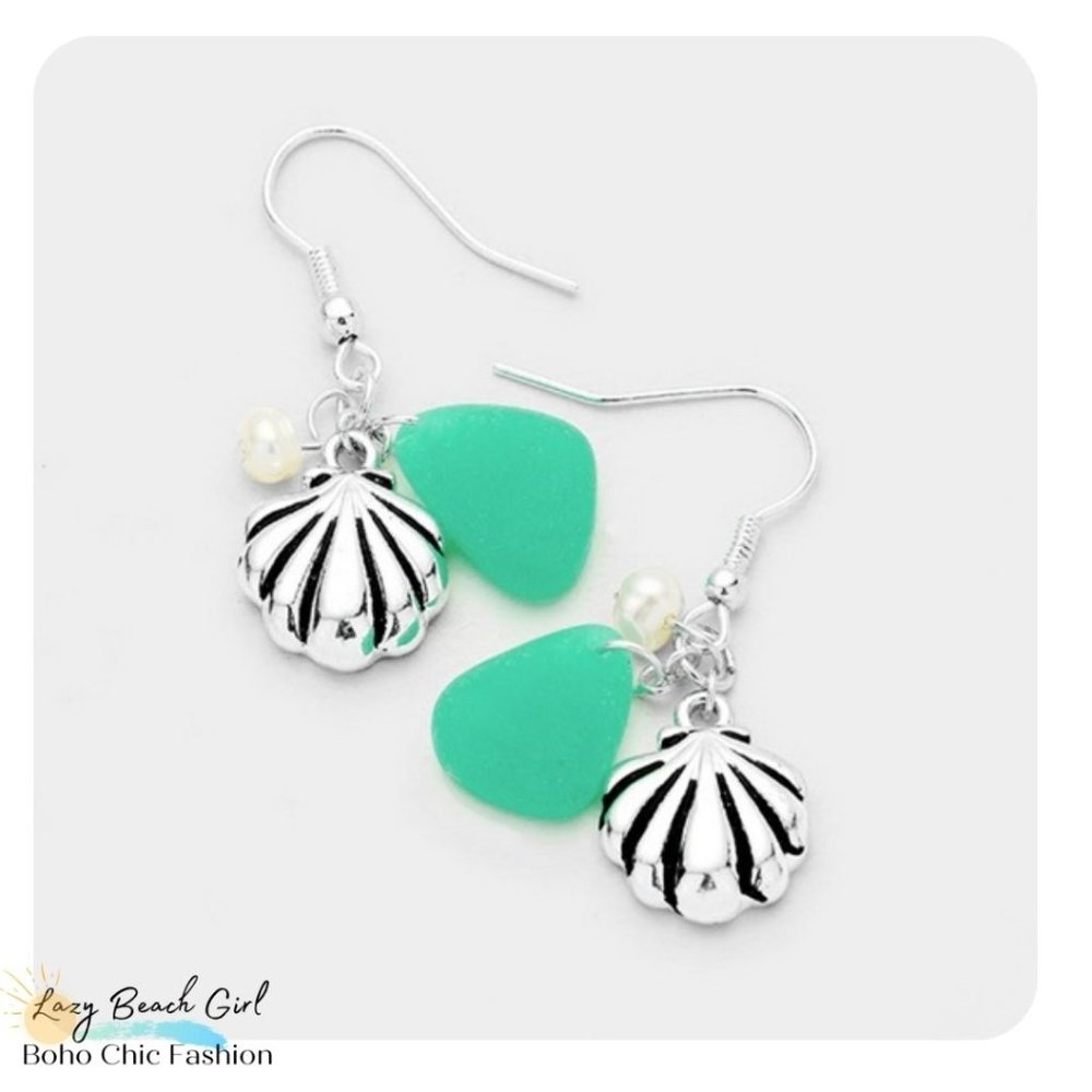 SEA GLASS SHELL DANGLE EARRINGS